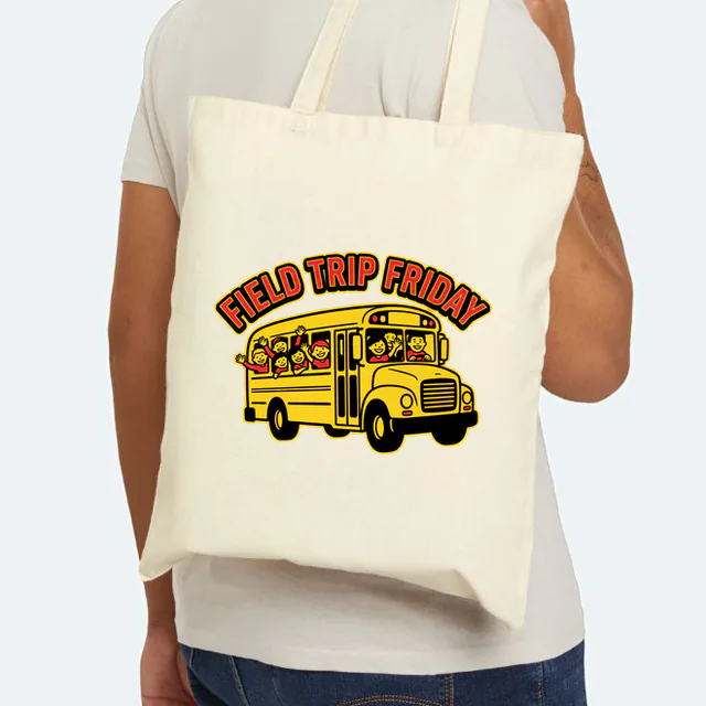 A bus full of waving campers, FIELD TRIP FRIDAY, on a natural canvas tote