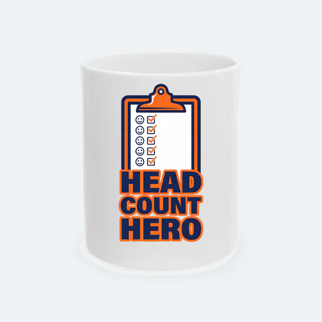 A checklist of smiley faces, HEAD COUNT HERO, on a white ceramic mug