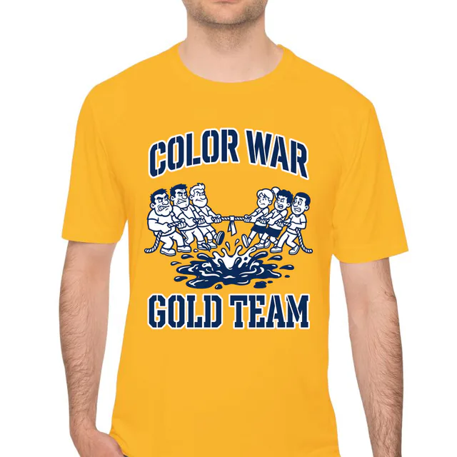 A tug-of-war over the mud pit, COLOR WAR GOLD TEAM, on a gold performance tee