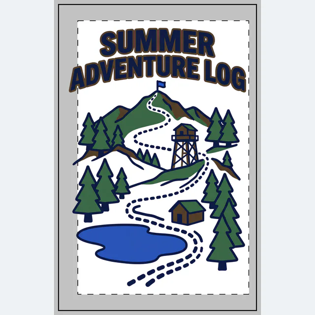 A dotted trail up to a mountain flag, SUMMER ADVENTURE LOG, on a white dotted notebook