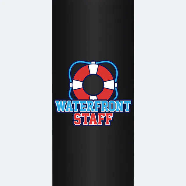 A striped life ring over WATERFRONT STAFF, on a black steel tumbler