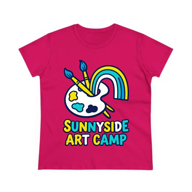A paint palette and a rainbow for Sunnyside Art Camp, on a heliconia women's t-shirt