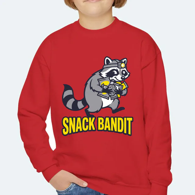 A raccoon in a headlamp sneaking off with snacks, SNACK BANDIT, on a red youth crewneck