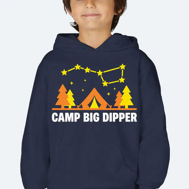 The Big Dipper over a glowing tent for Camp Big Dipper, on a navy youth hoodie