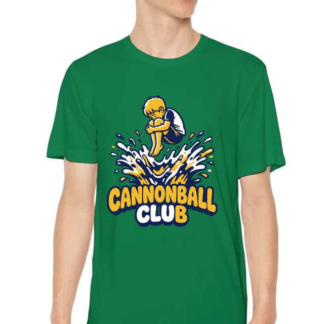 A kid in a cannonball tuck, CANNONBALL CLUB, on a kelly green youth performance tee
