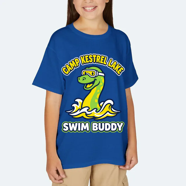 A grinning lake monster in goggles, SWIM BUDDY, on a royal youth t-shirt
