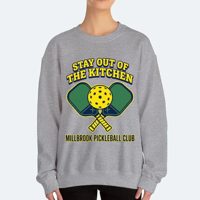 Crossed pickleball paddles, STAY OUT OF THE KITCHEN, on a sport gray adult crewneck