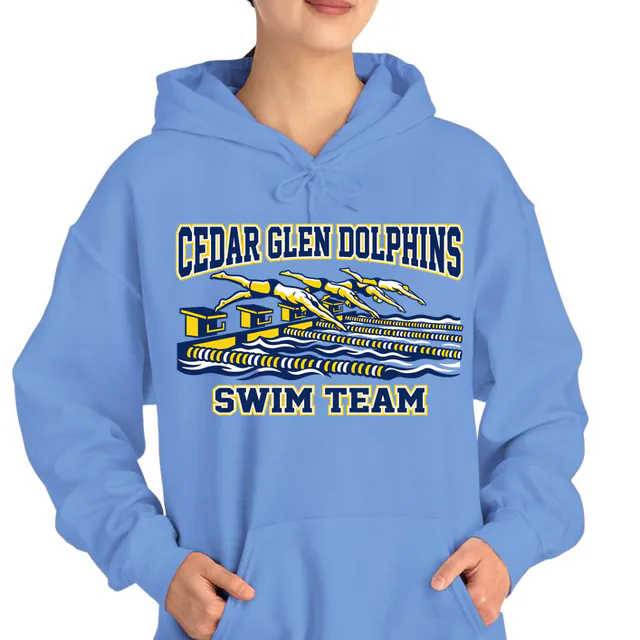 Four swimmers diving in unison for the Cedar Glen Dolphins, on a carolina blue adult hoodie