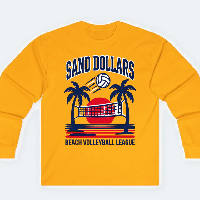 A volleyball over the net between two palms for the Sand Dollars, on a gold adult long sleeve
