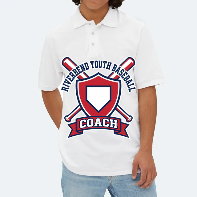 A crossed-bats crest for the Riverbend youth baseball coaches, on a white adult polo