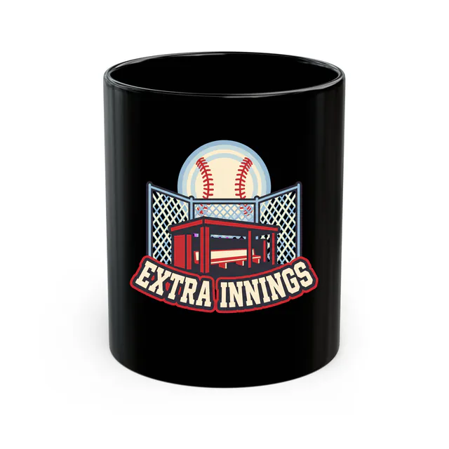 A baseball moon over the backstop, EXTRA INNINGS, on a black mug