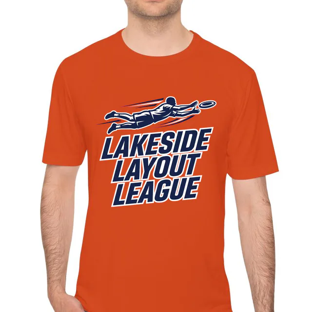 A full-out diving catch for the Lakeside Layout League, on an orange performance tee