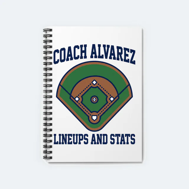 A diamond from above for Coach Alvarez, LINEUPS AND STATS, on a white spiral notebook