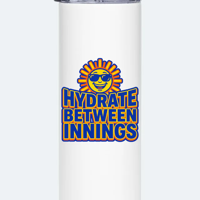 A sun in sunglasses over HYDRATE BETWEEN INNINGS, on a white steel tumbler