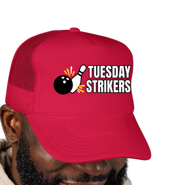 A bowling ball and pin beside TUESDAY STRIKERS, on a red foam trucker hat