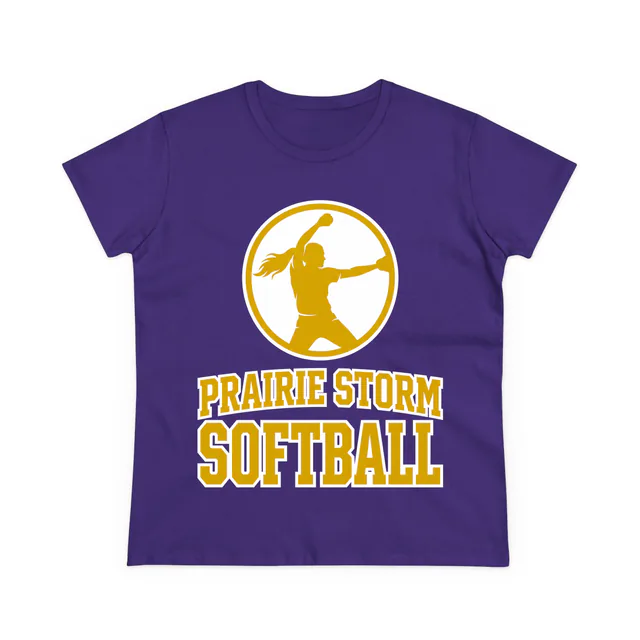 A windmill pitcher silhouette for Prairie Storm Softball, on a purple women's t-shirt