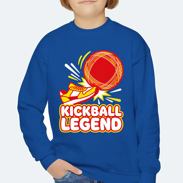 A kickball bouncing off a sneaker, KICKBALL LEGEND, on a royal youth crewneck