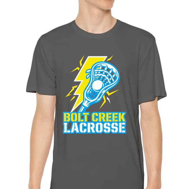 A lacrosse stick and a lightning bolt for Bolt Creek Lacrosse, on an iron gray youth performance tee