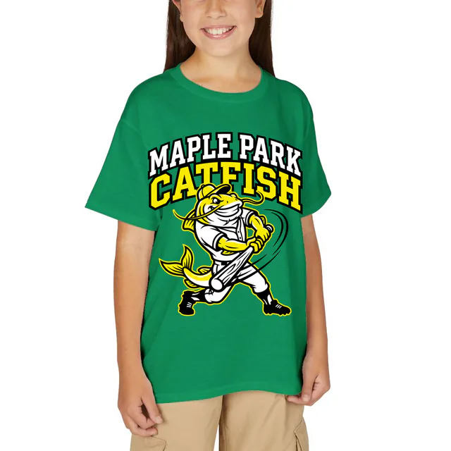 A catfish taking a big swing for Maple Park, on a kelly green youth t-shirt