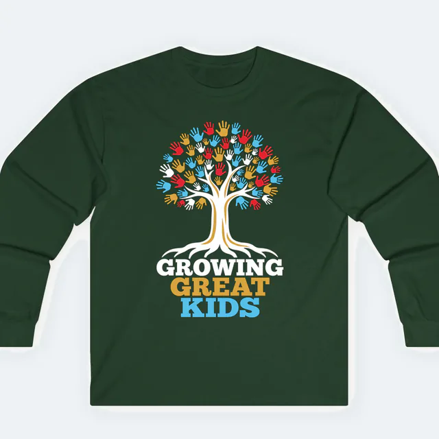 A tree with handprint leaves, GROWING GREAT KIDS, on a forest green adult long sleeve