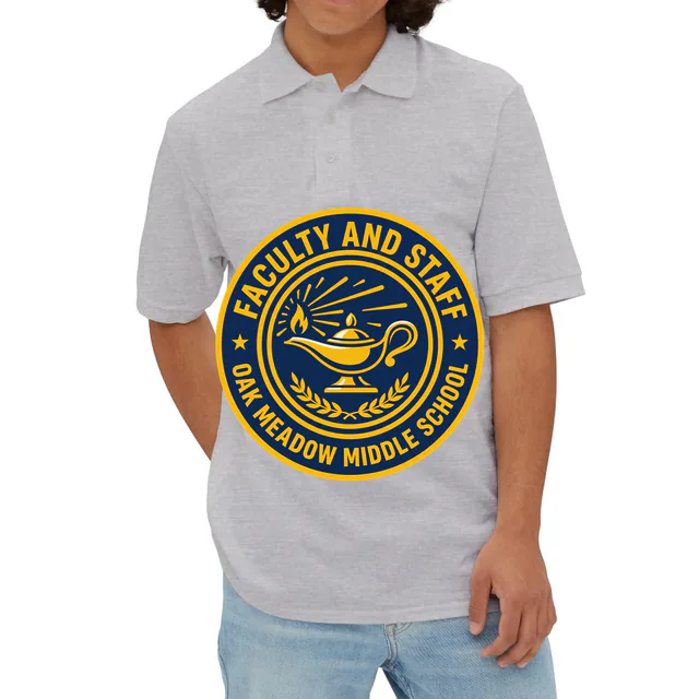An oil lamp emblem for Oak Meadow faculty and staff, on an athletic heather adult polo