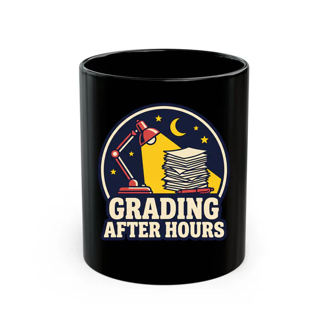 A desk lamp over a stack of papers, GRADING AFTER HOURS, on a black mug