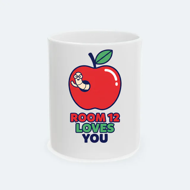 A worm in glasses waving from an apple, ROOM 12 LOVES YOU, on a white ceramic mug
