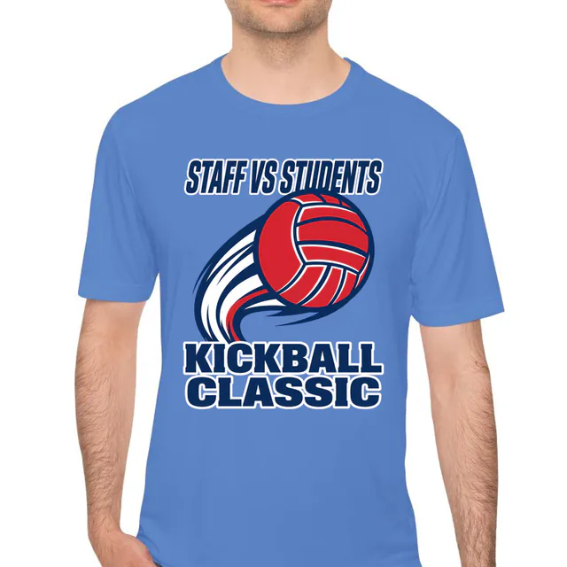 A soaring kickball for the STAFF VS STUDENTS game, on a carolina blue performance tee