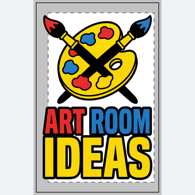 A paint palette and crossed brushes, ART ROOM IDEAS, on a white dotted notebook