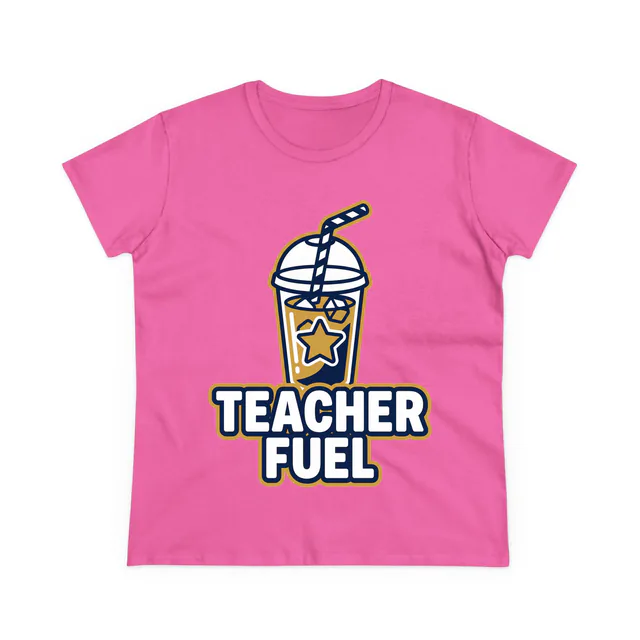 A tall iced coffee with a star sticker, TEACHER FUEL, on an azalea women's t-shirt