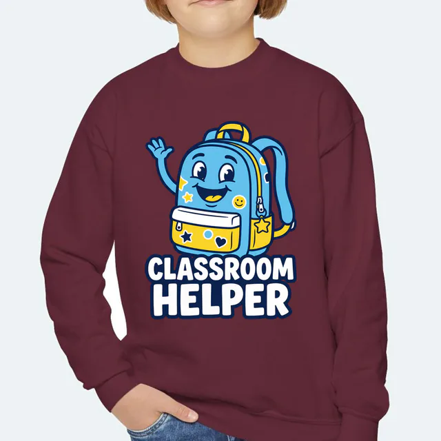 A waving backpack covered in stickers, CLASSROOM HELPER, on a maroon youth crewneck