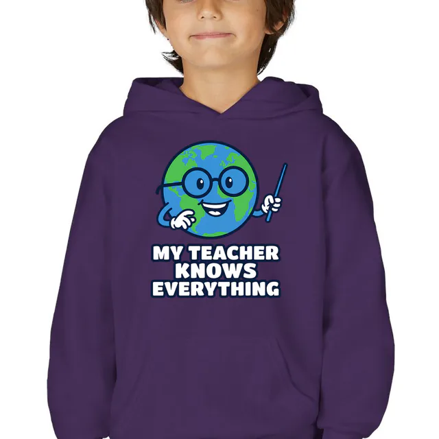 A globe in glasses with a pointer, MY TEACHER KNOWS EVERYTHING, on a purple youth hoodie