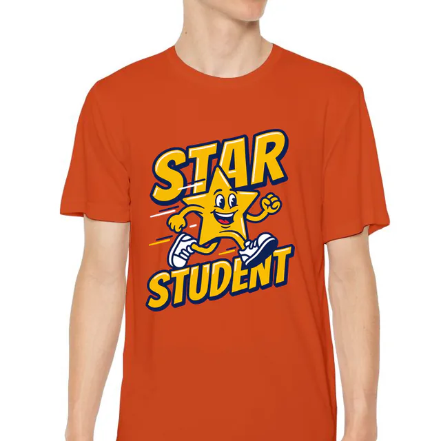 A gold star in sneakers sprinting, STAR STUDENT, on an orange youth performance tee