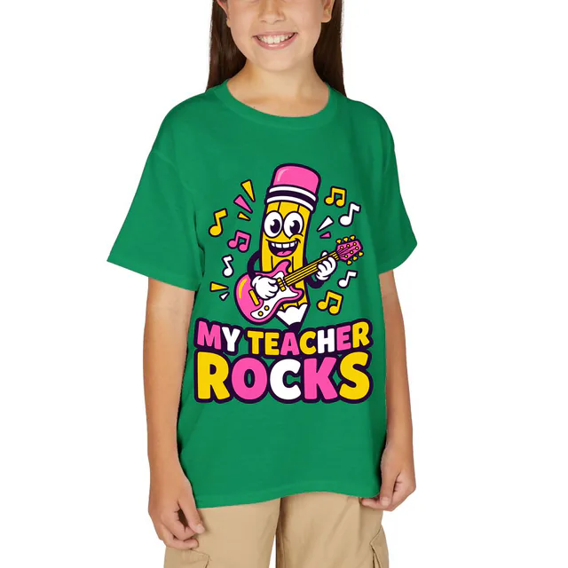 A pencil strumming a guitar, MY TEACHER ROCKS, on a kelly green youth t-shirt