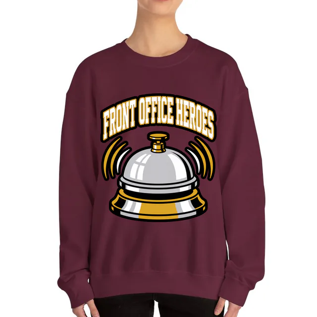 A ringing desk bell under FRONT OFFICE HEROES, on a maroon adult crewneck