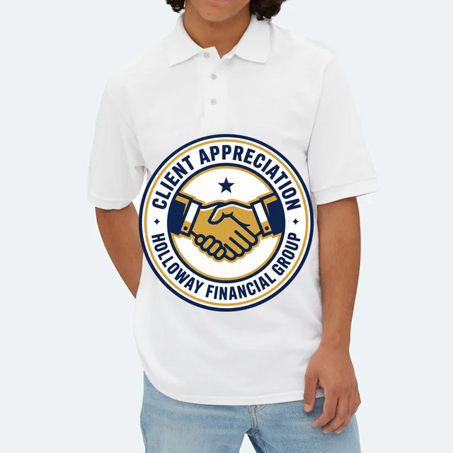 A handshake emblem for Holloway Financial client thanks, on a white adult polo