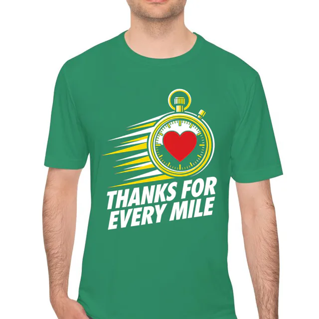 A heart-faced stopwatch, THANKS FOR EVERY MILE, on a kelly green performance tee