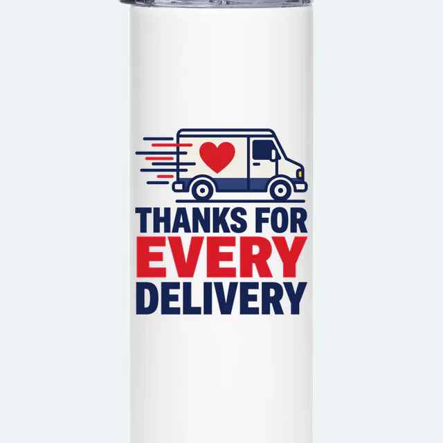 A delivery van with a heart, THANKS FOR EVERY DELIVERY, on a white steel tumbler