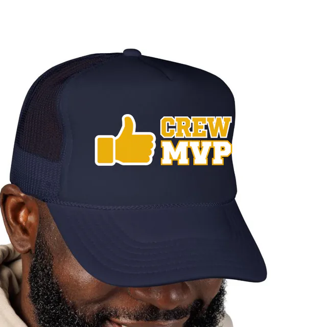 A thumbs-up beside CREW MVP, on a navy foam trucker hat