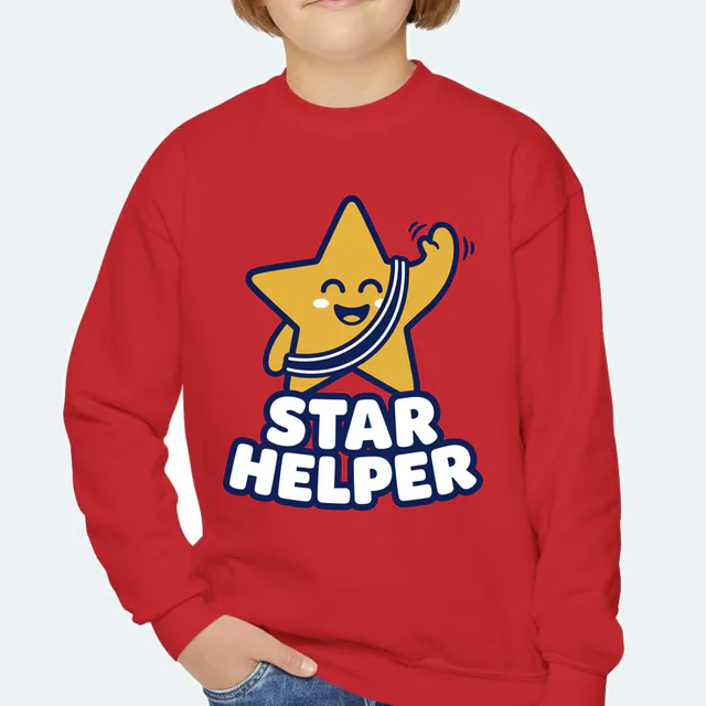 A smiling star in a sash, STAR HELPER, on a red youth crewneck
