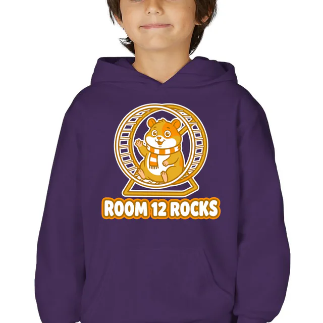 A class hamster waving from its wheel, ROOM 12 ROCKS, on a purple youth hoodie