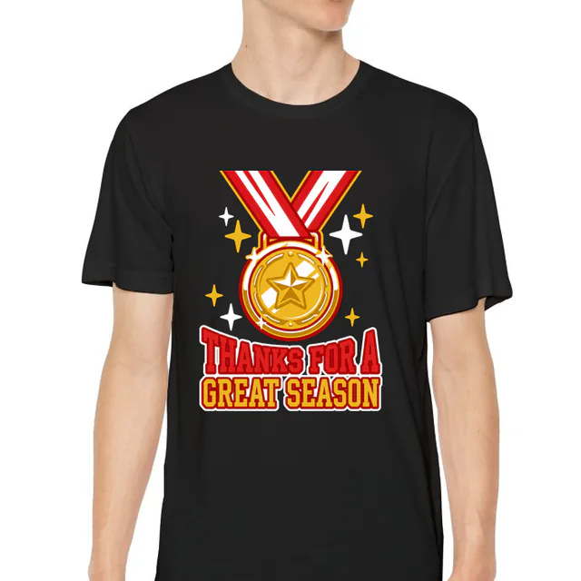 A gold medal on a ribbon, THANKS FOR A GREAT SEASON, on a black youth performance tee