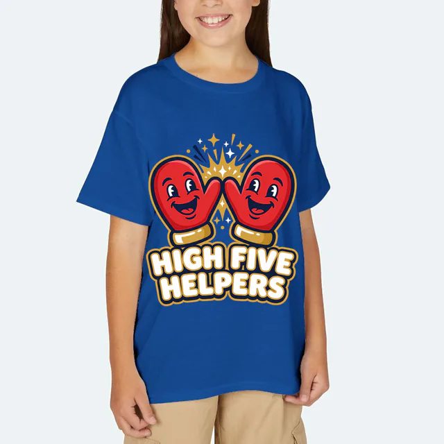 Two mittens high-fiving over HIGH FIVE HELPERS, on a royal youth t-shirt
