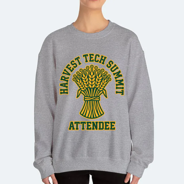 A circuit wheat sheaf under HARVEST TECH SUMMIT, on a sport gray adult crewneck