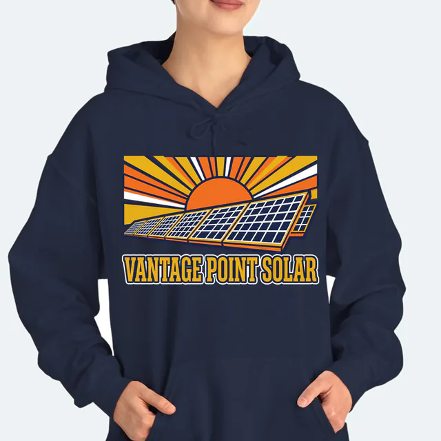 Solar panels facing a rising sun, VANTAGE POINT SOLAR, on a navy adult hoodie