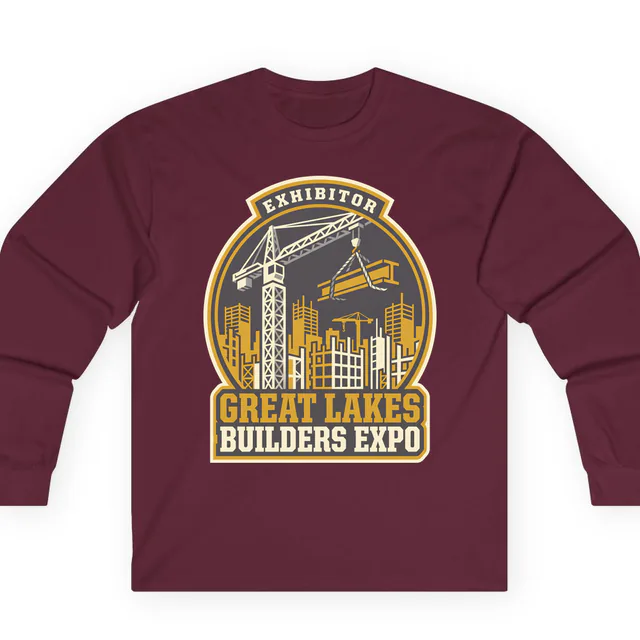 A crane over half-built towers, GREAT LAKES BUILDERS EXPO, on a maroon adult long sleeve