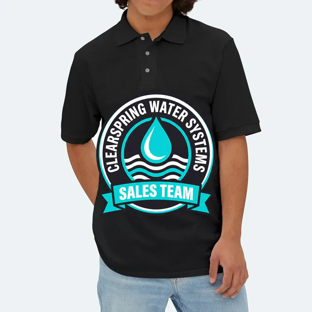 A water droplet emblem for the Clearspring sales team, on a black adult polo
