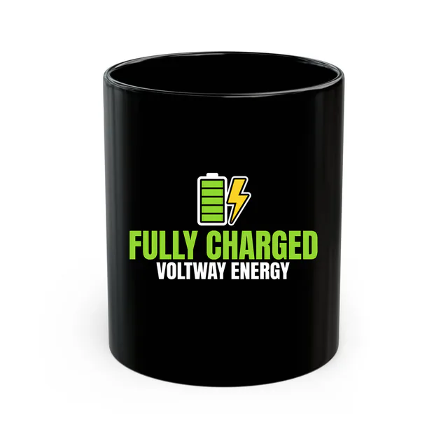 A charged battery with a lightning bolt, FULLY CHARGED, on a black mug
