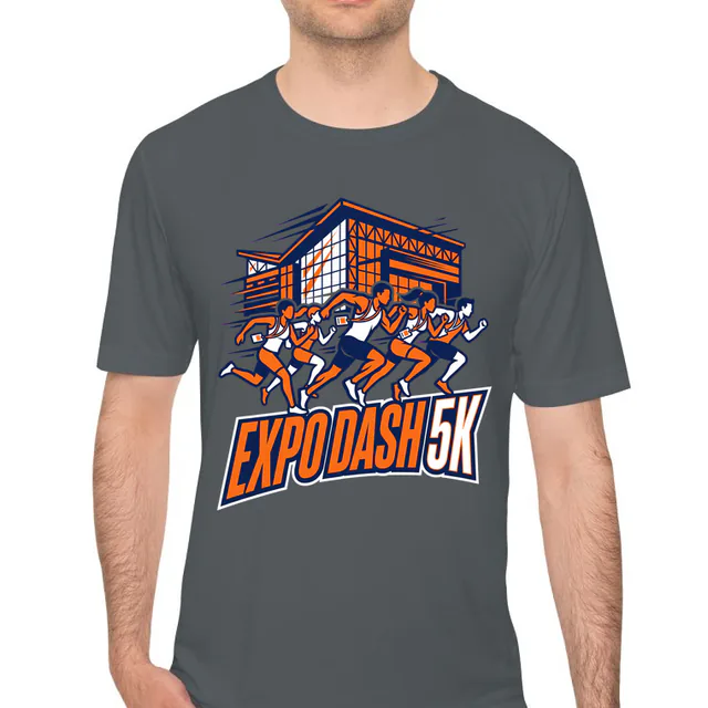 Runners with flapping lanyards, EXPO DASH 5K, on an iron gray performance tee