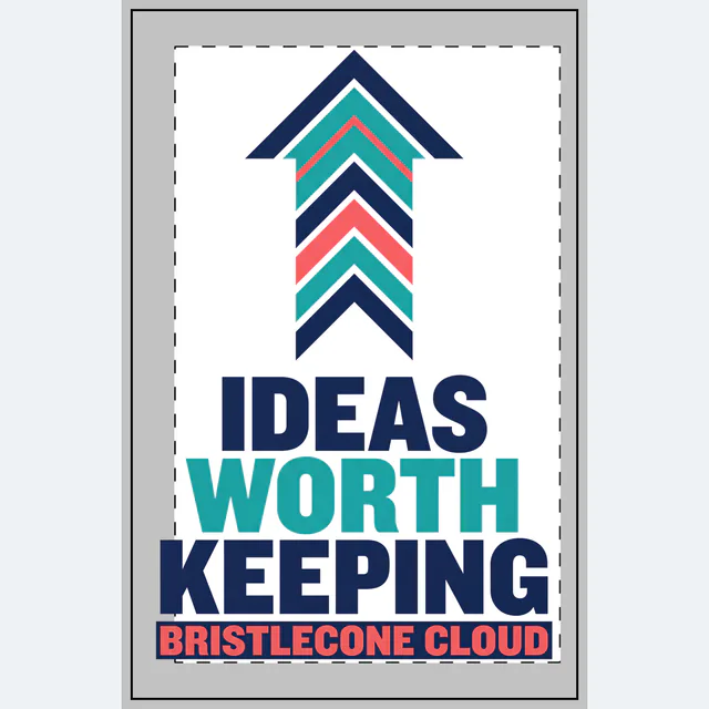 An upward arrow of stacked chevrons, IDEAS WORTH KEEPING, on a white dotted notebook